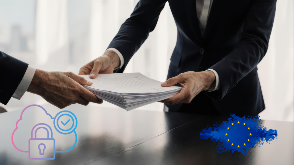 European Union GDPR simplification concept showing secure digital compliance and business business men exchanging documents.