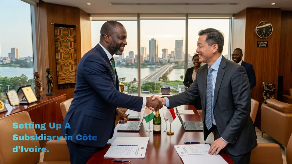 An Ivorian and a Singaporean businessman shake hands in an executive office in Abidjan, symbolizing the process of setting up a subsidiary in the Ivory Coast.
